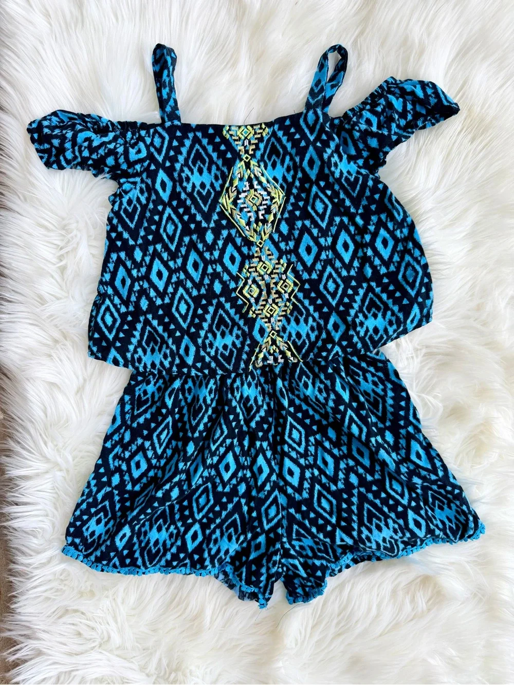Justice Blue Geometric Off-Shoulder Romper with Embroidered Front Size 10 (L)